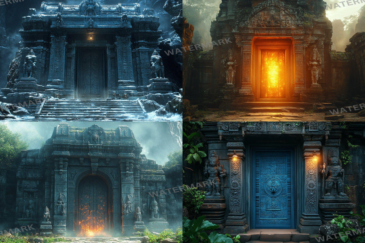 Ancient Temple Door Backdrop: PNGs for Fantasy Adventure Photography, Mystical Stone Archway Portals, Lost Civilization Digital Backdrop