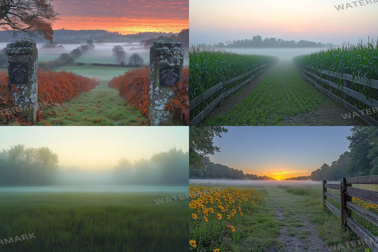 Misty Morning Fields Backdrops, Serene Countryside Digital Backgrounds, Sunrise Nature Photography Props, Rural Landscape Composites