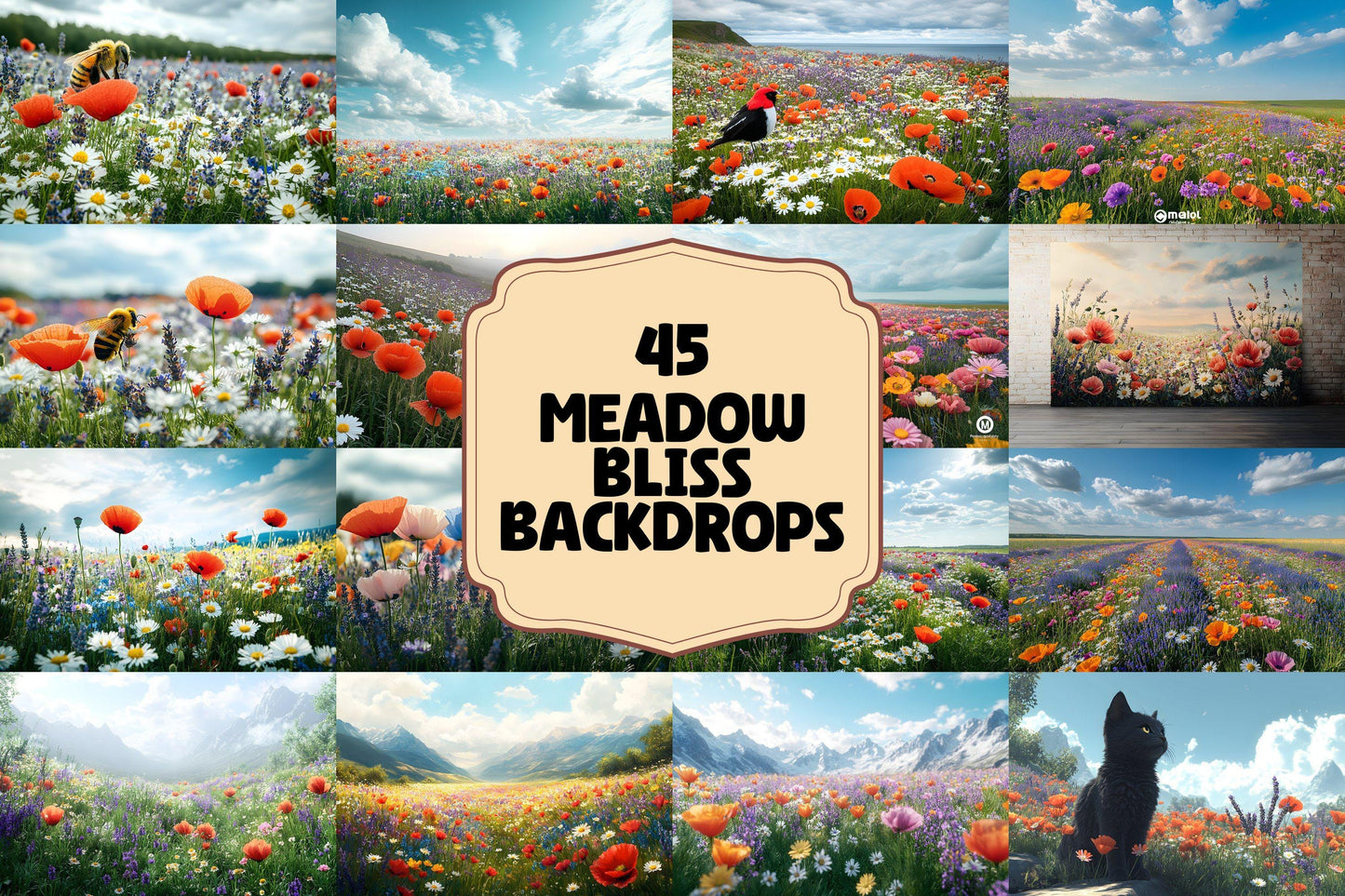 Meadow Bliss Backdrops - Stunning Wildflower Fields Landscape Photography Backgrounds - Floral Backdrops - Wedding, Maternity Backdrop