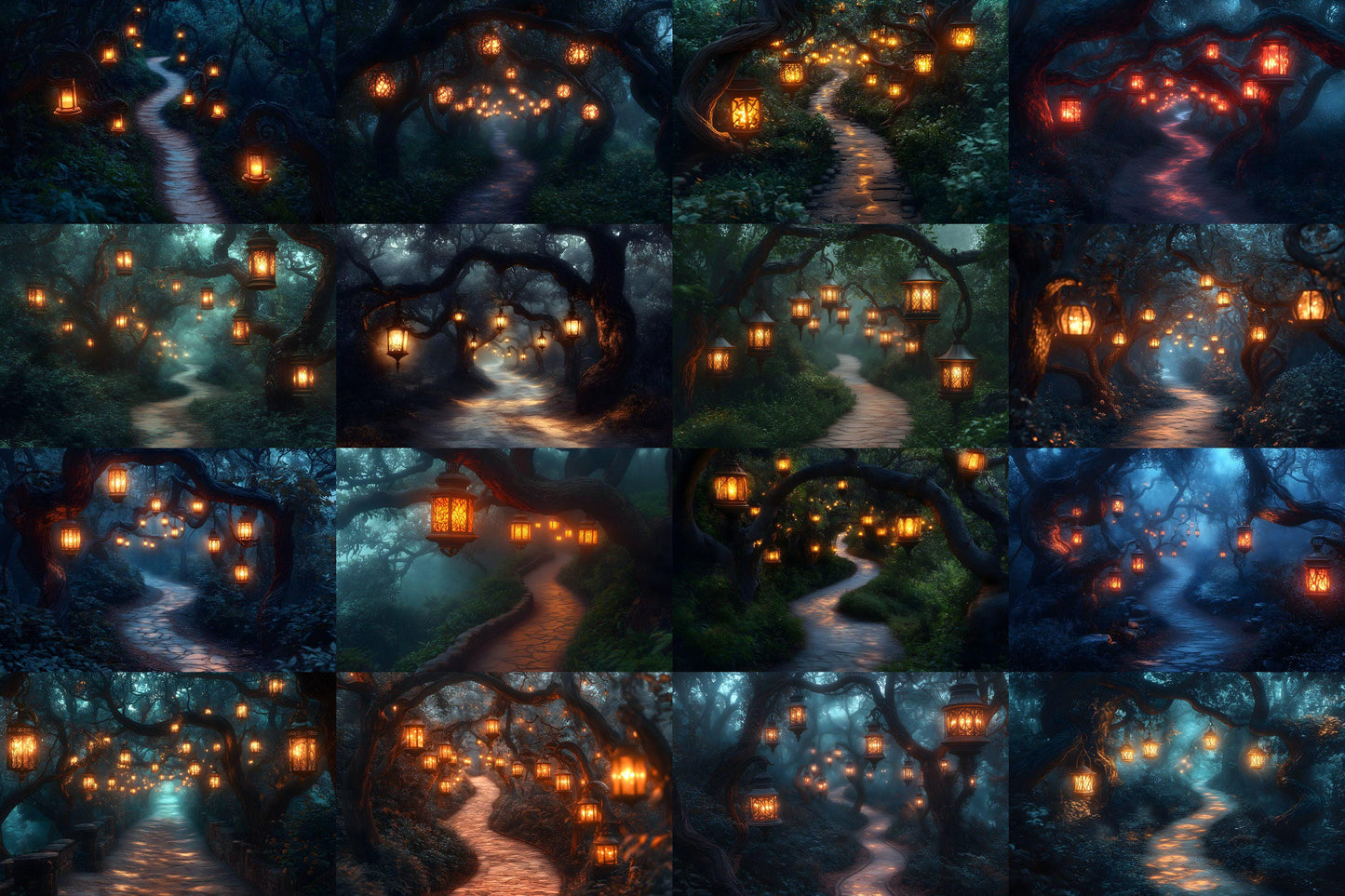 Lantern Pathway Magic Backdrops - Enchanted Forest and Glowing Night Trails Digital Backgrounds for Photoshop & Master Overlays