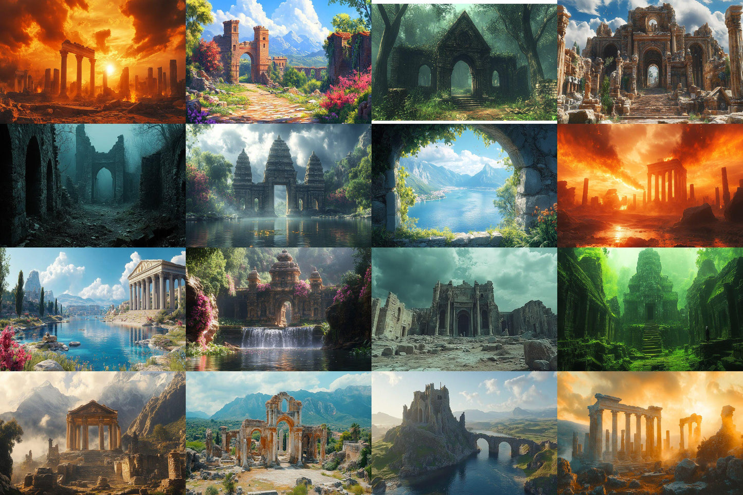 Ancient Ruins digital backdrop, 16:9 ratio. Overgrown ruins with sunlight, streaming and photography backdrops.