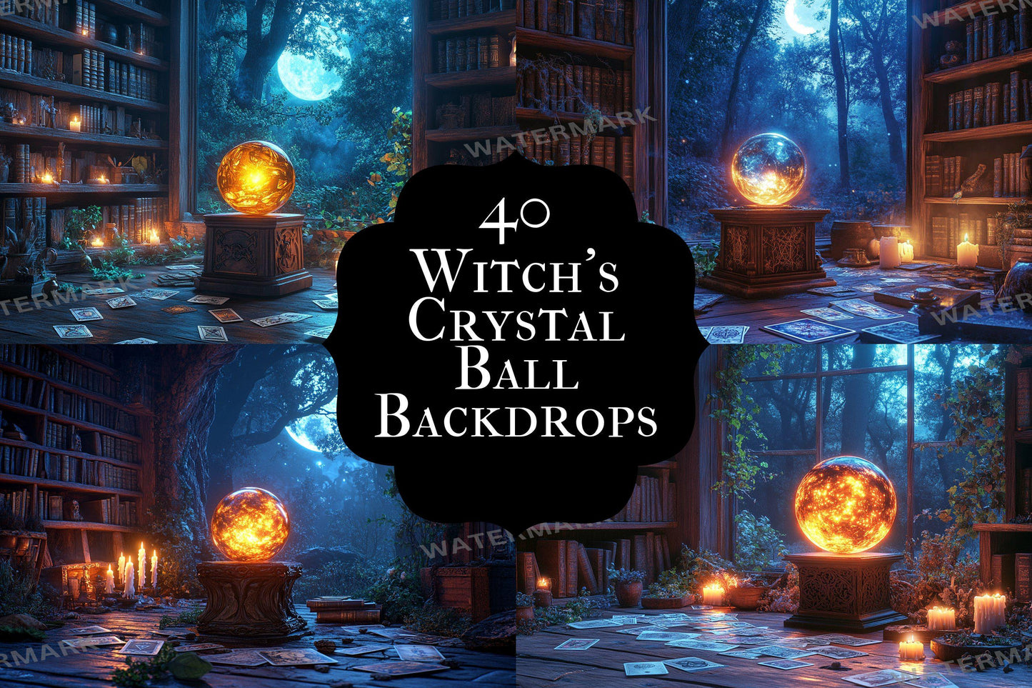 Witch Crystal Ball Backdrop: 4PNGs for Mystical Fortune Teller Photos, Magical Halloween Decor, Occult Divination Digital Backdrops