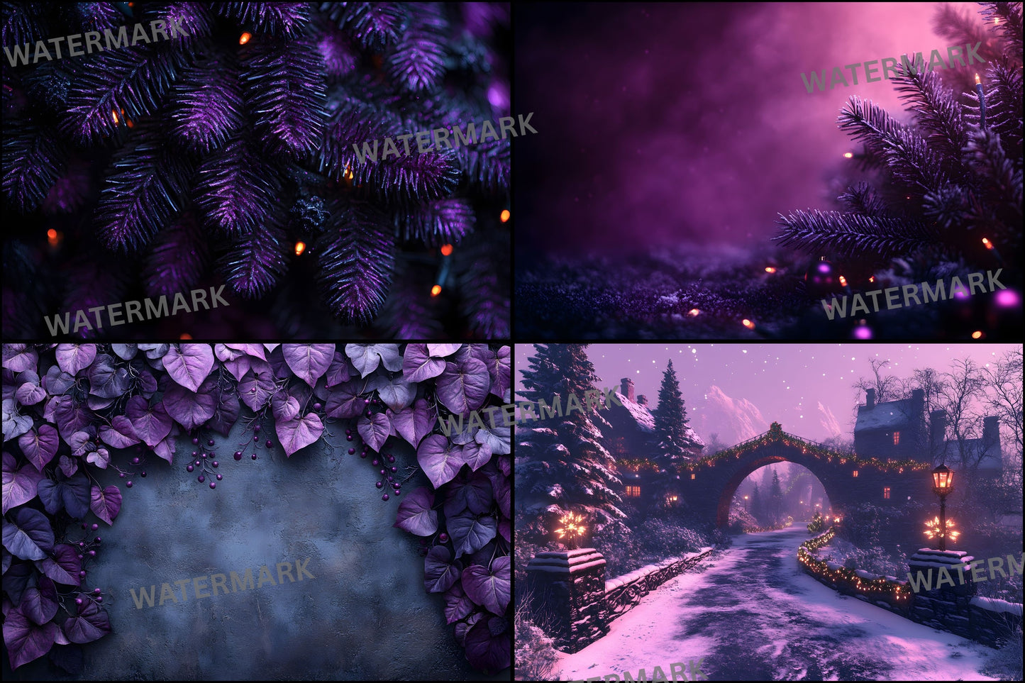 Gothic Purple Christmas Backdrop Set, Festive Holiday Backgrounds, Dark Winter Photography, Digital Photo Overlays, Fantasy Xmas Scenes