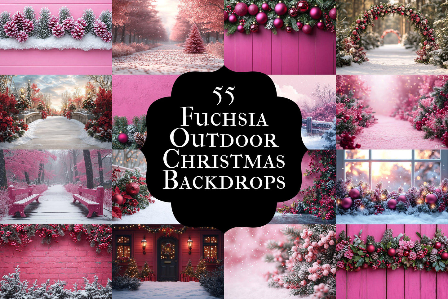 Fuchsia Outdoor Christmas Backdrops | Digital Winter Wonderland Scenes | Holiday Photography Backgrounds - Pink Christmas Backgrounds