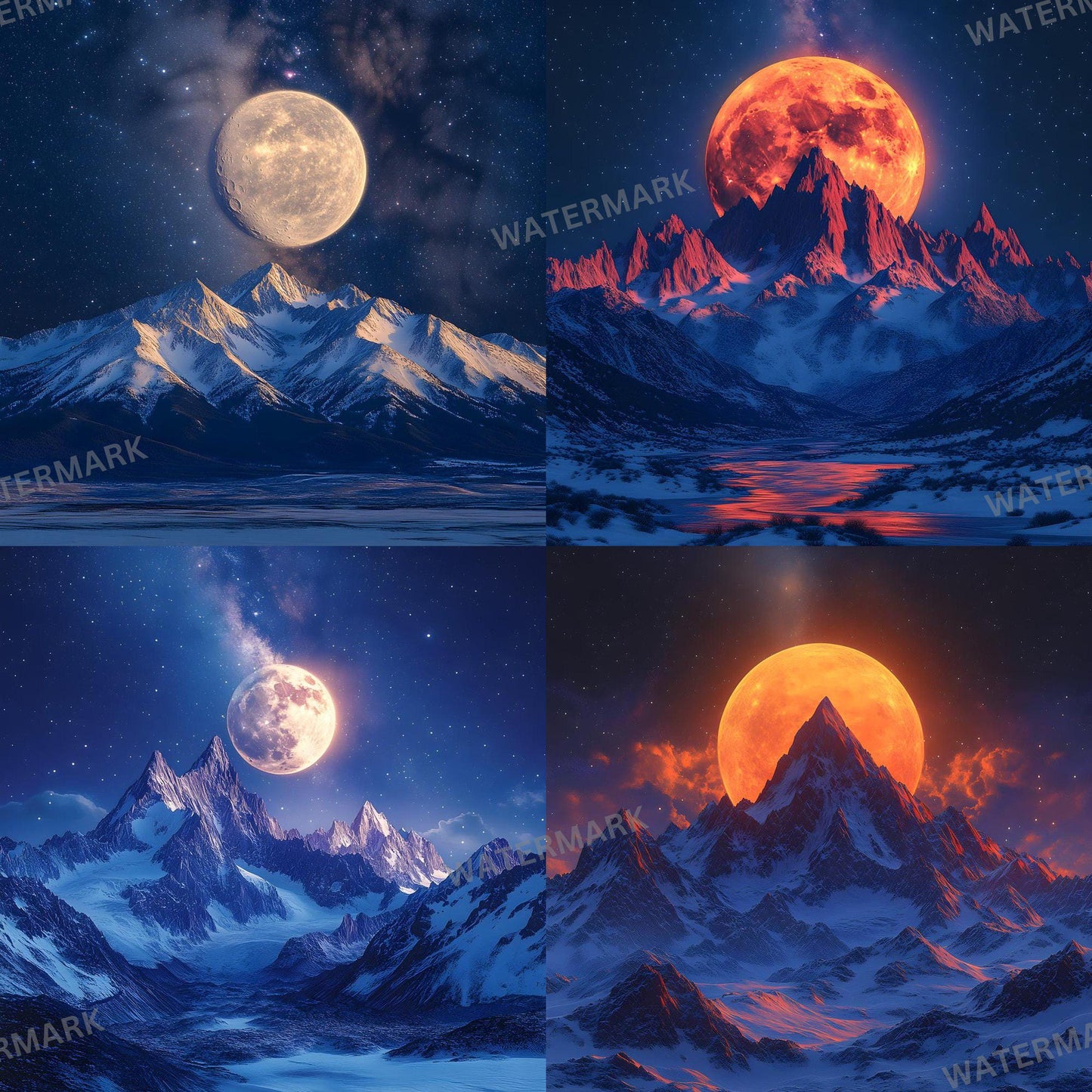 Celestial Moonlit Photography Backdrops - Lunar Landscapes, Starry Peaks, Radiant Moons, Twilight Skies, Nightfall Mountain Backgrounds