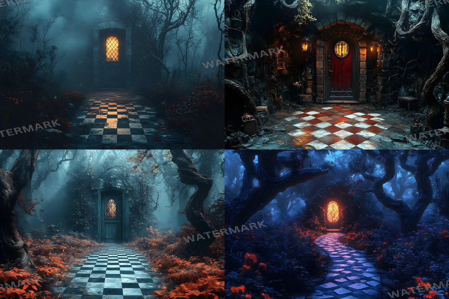 Alice in Wonderland Backdrops - Checkered Garden Path Backdrops, Outdoor Fantasy Green Walkway Photo Booth Prop, Fantasy Magical Scene