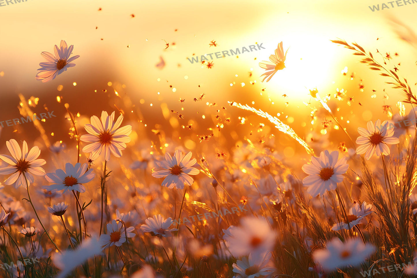 Sunset Wildflowers Digital Backdrops - Warm Golden Hour Field, Summer Bloom Photography Backgrounds - Maternity, Wedding Backdrops