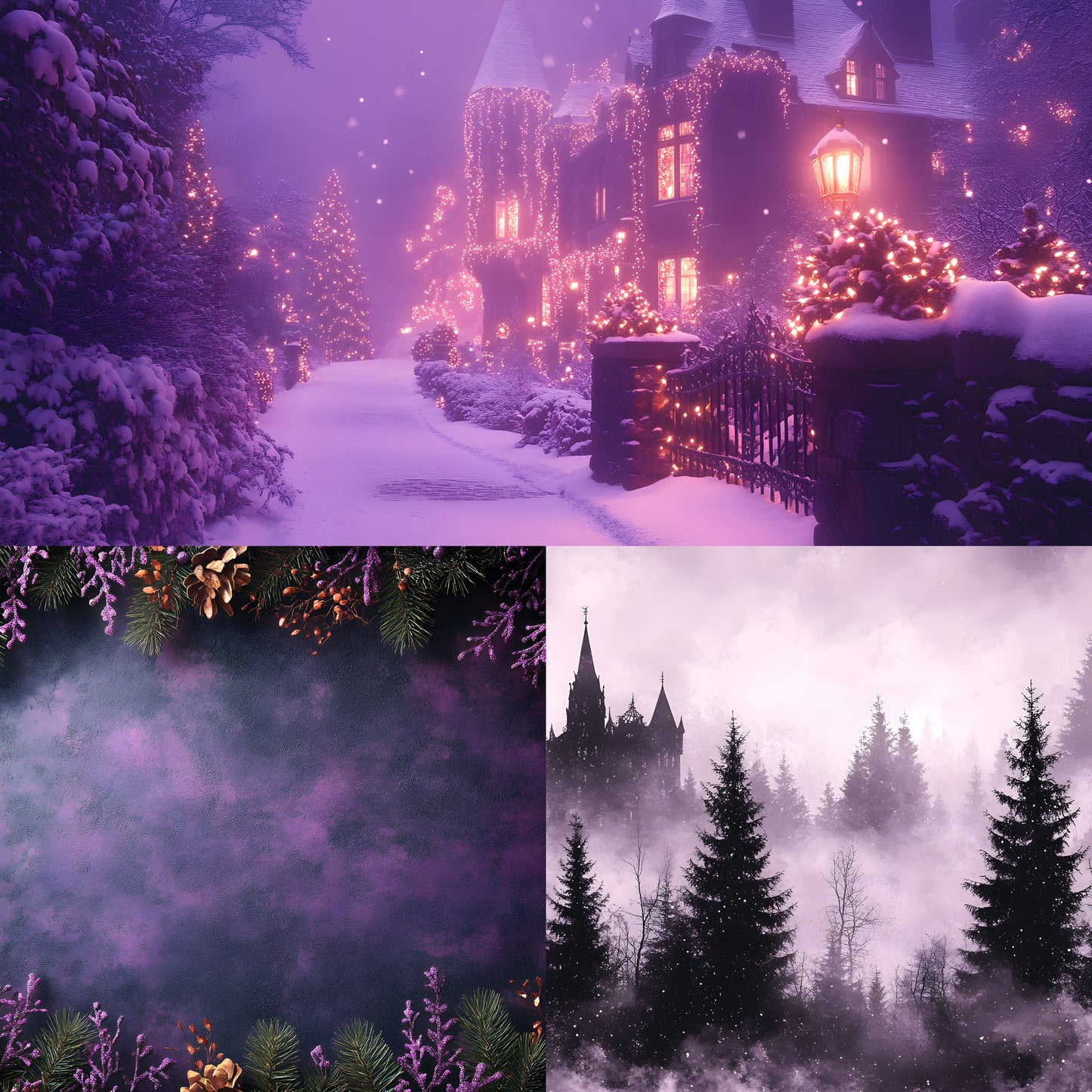 Gothic Purple Christmas Backdrop Set, Fantasy Holiday Backgrounds for Photography, Dark Festive Digital Backdrops, Winter Photo Overlays