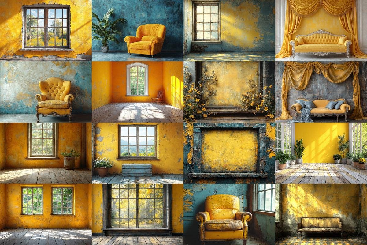Yellow Vintage Room Backdrops - Warm Aesthetic PNGs for Digital Art Photography Design - 00x00px 32 Ratio