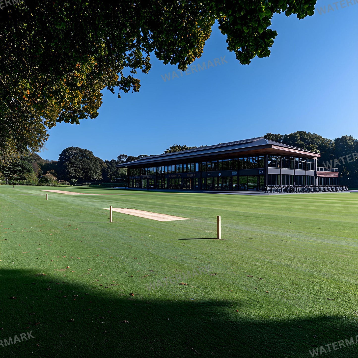 a green field with a building in the background