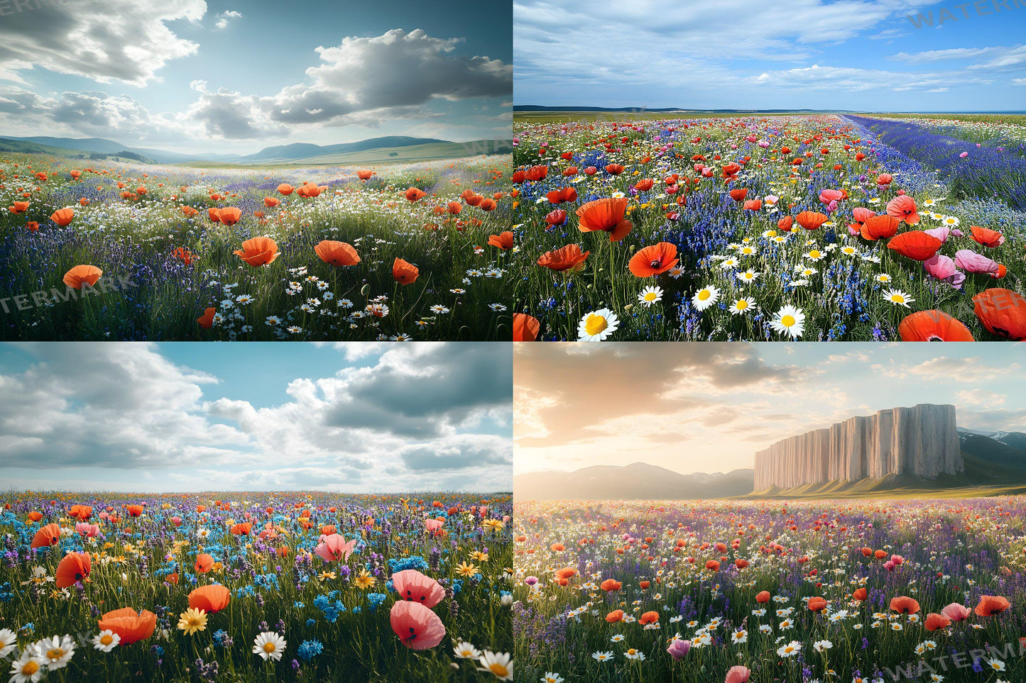 Meadow Bliss Backdrops - Stunning Wildflower Fields Landscape Photography Backgrounds - Floral Backdrops - Wedding, Maternity Backdrop