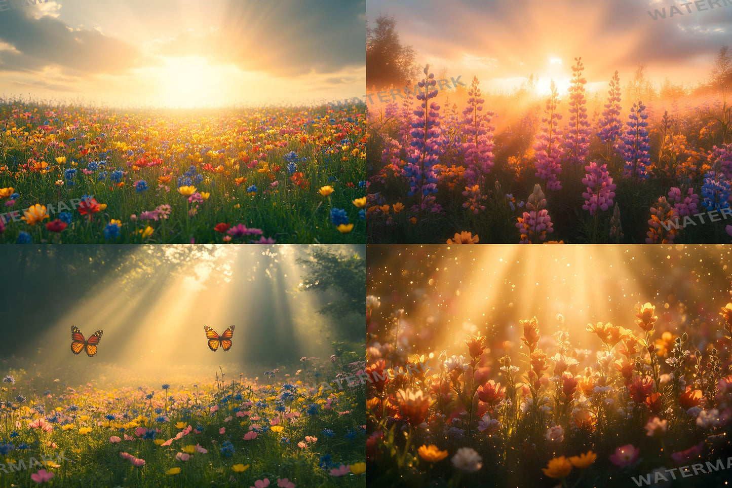 Wildflower Sunrise Digital Backdrops - Golden Hour Meadow Backgrounds, Nature Landscape Photography Overlay - Floral Photoshop Composites