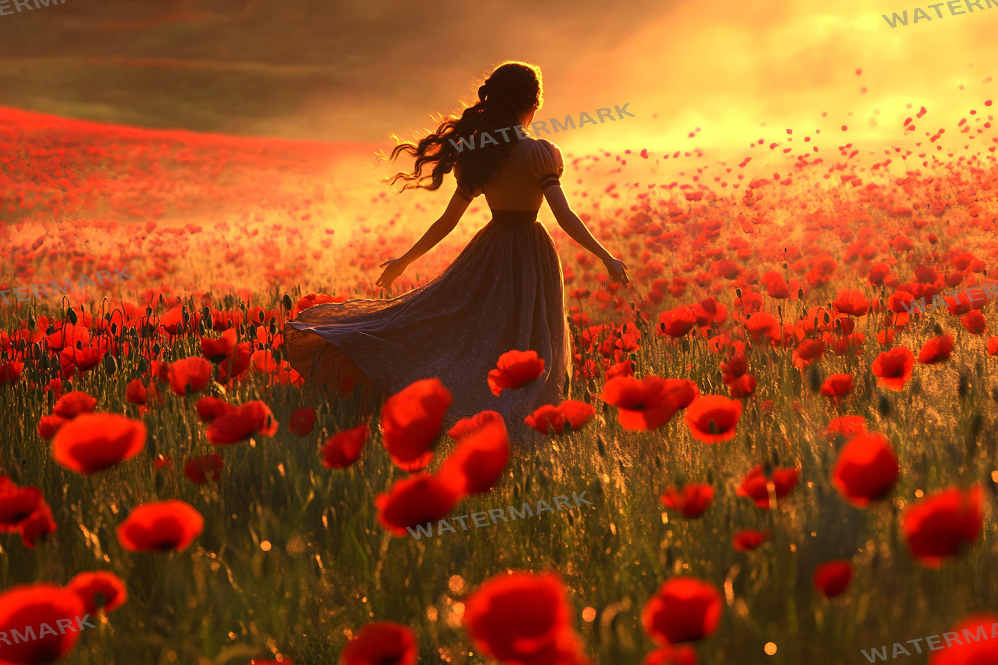 Enchanted Poppy Fields Digital Backdrop, Wizard of Oz Photography Background with Figures, Red Flower Fantasy Landscape Art