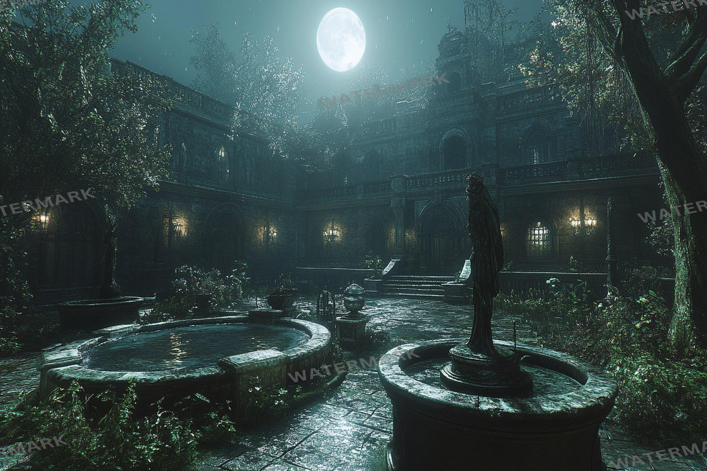 Moonlit Palace digital backdrop, 16:9 ratio. Majestic palace under the glow of the moon, perfect for streaming backgrounds or TV wallpaper