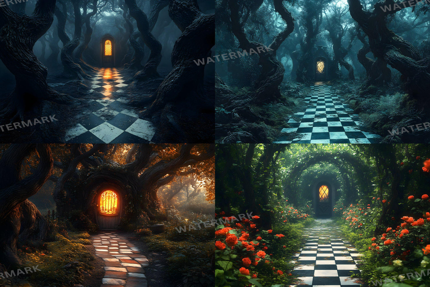 Alice in Wonderland Backdrops - Checkered Garden Path Backdrops, Outdoor Fantasy Green Walkway Photo Booth Prop, Fantasy Magical Scene