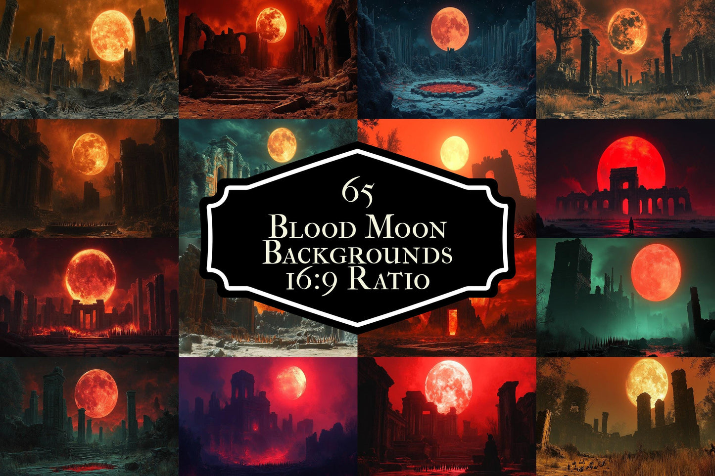 Blood Orange Moon streaming background, 16:9 ratio. Dark sky with a fiery orange moon, perfect for TV wallpaper or digital backdrops