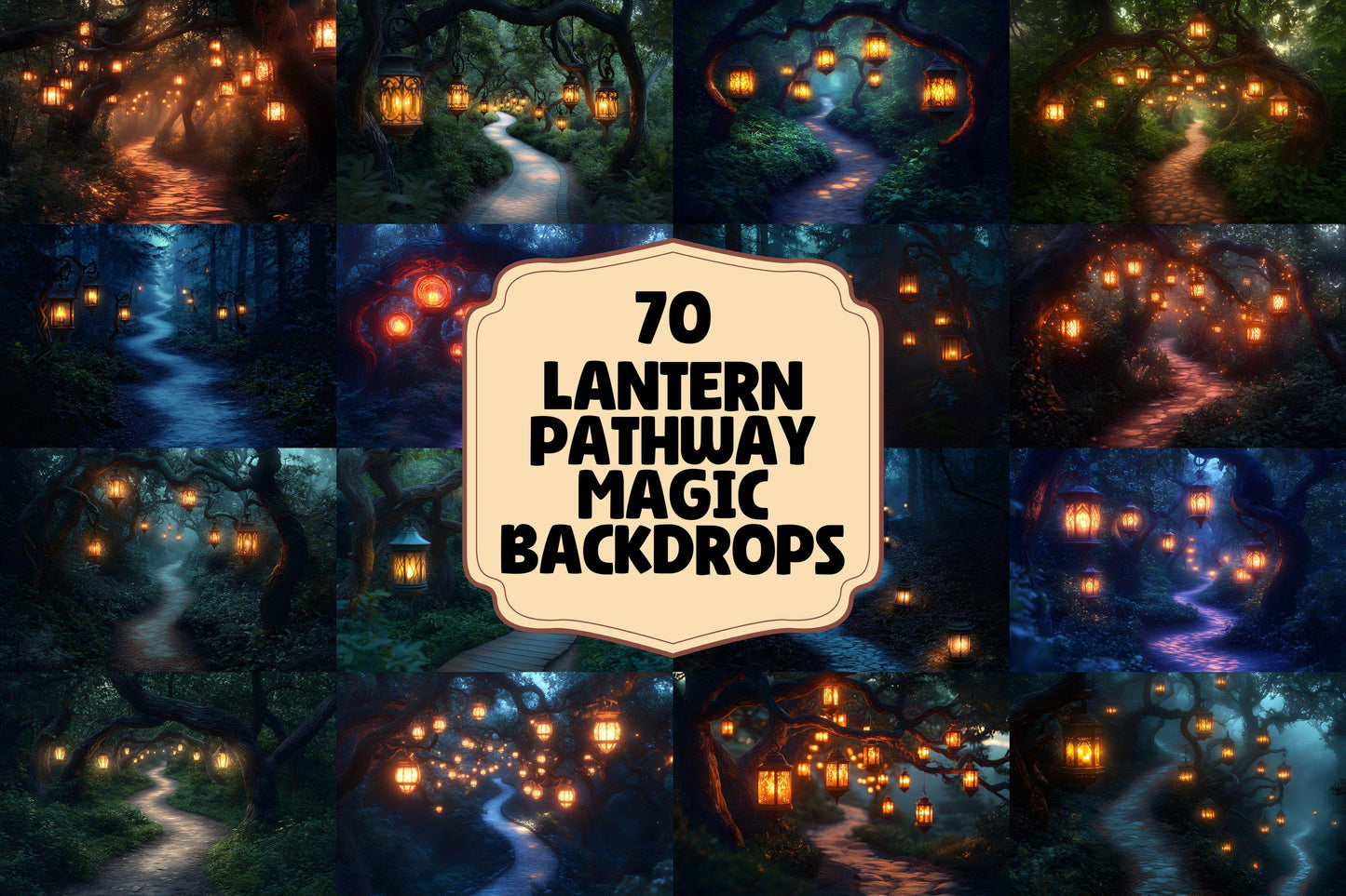 Lantern Pathway Magic Backdrops - Enchanted Forest and Glowing Night Trails Digital Backgrounds for Photoshop & Master Overlays