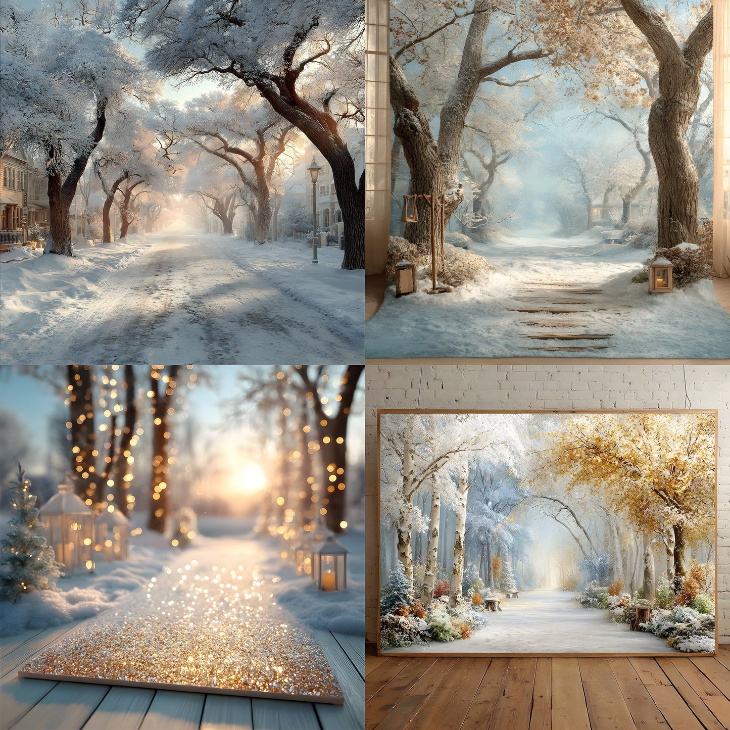 White Gold Christmas Backdrop, Snowy Outdoor Scene, Square Digital Background for Holiday Photography, Winter Wonderland Photo Prop, Festive Portrait