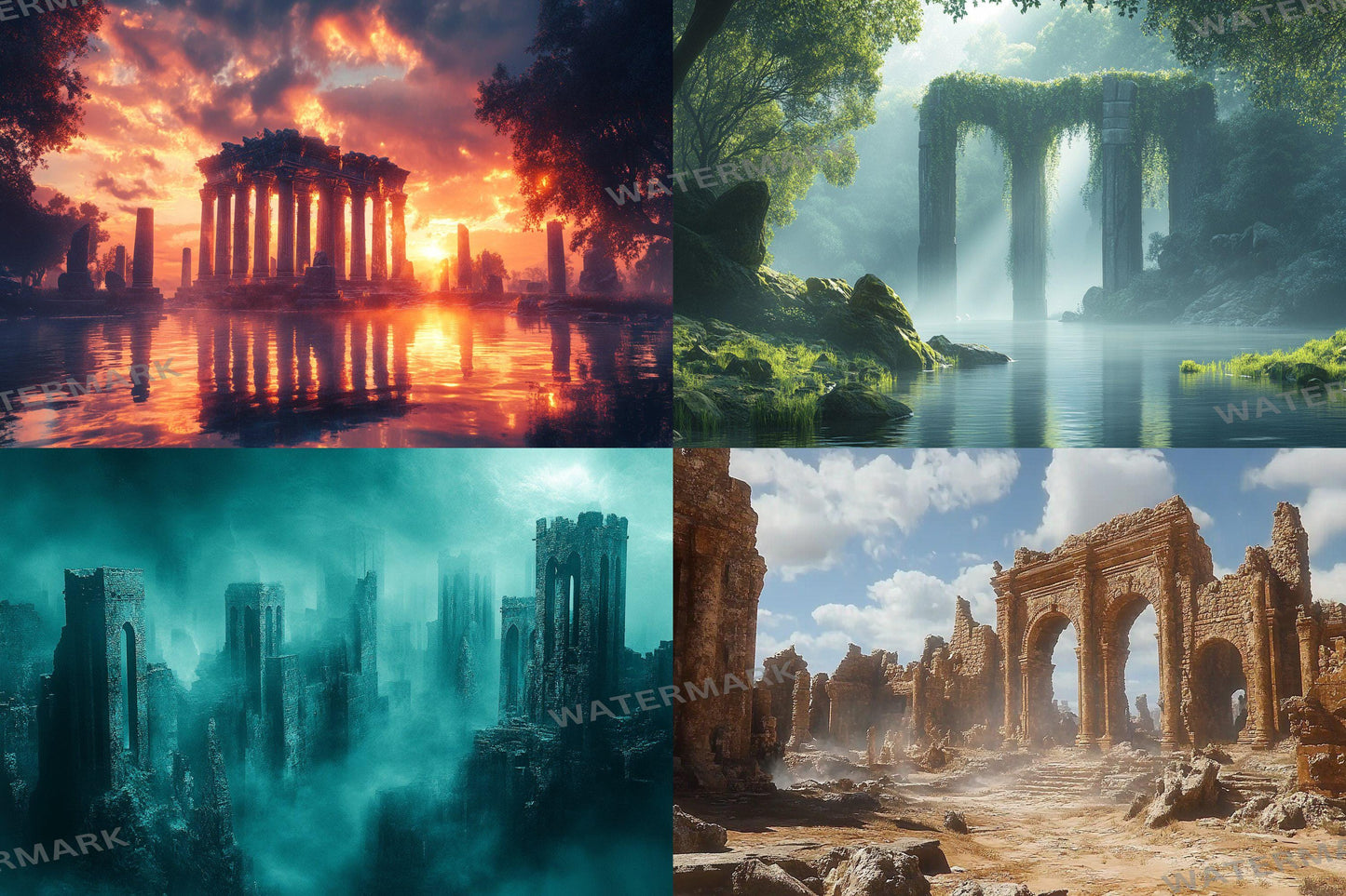 Ancient Ruins digital backdrop, 16:9 ratio. Overgrown ruins with sunlight filtering through mist, streaming and photography backdrops.