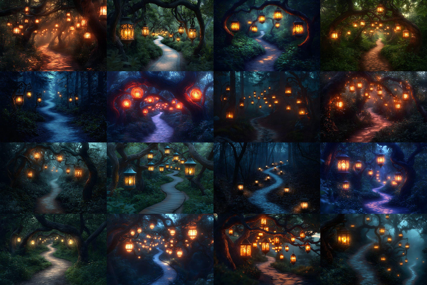 Lantern Pathway Magic Backdrops - Enchanted Forest and Glowing Night Trails Digital Backgrounds for Photoshop & Master Overlays