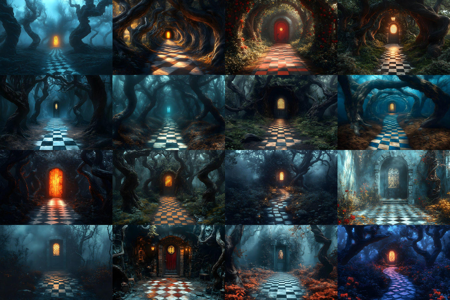 Alice in Wonderland Backdrops - Checkered Garden Path Backdrops, Outdoor Fantasy Green Walkway Photo Booth Prop, Fantasy Magical Scene