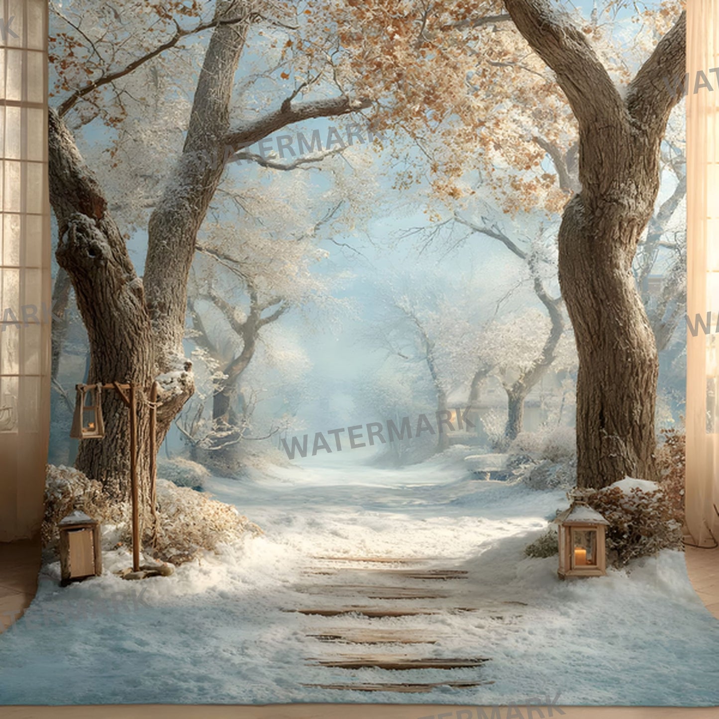 White Gold Christmas Backdrop, Snowy Outdoor Scene, Square Digital Background for Holiday Photography, Winter Wonderland Photo Prop, Festive Portrait