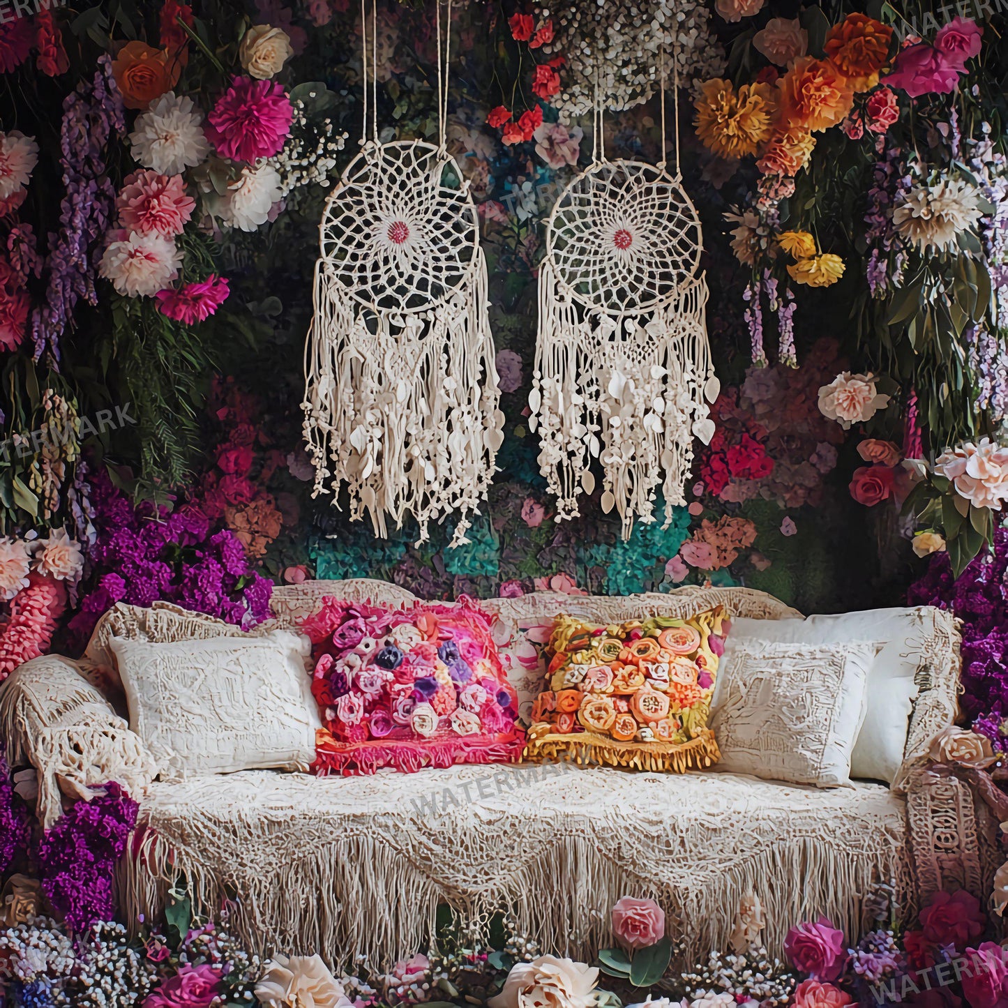 Bohemian Wedding Backdrop with Dreamcatchers | Floral & Macrame Wedding Decor | Boho Chic Ceremony, Reception Backdrops, Maternity Backdrops