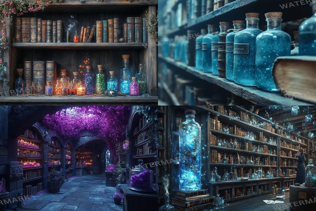 ALCHEMISTS LIBRARY - 4Magical Witchcraft Photography Backdrops in Warm Aesthetic Ideal for Artists Designers