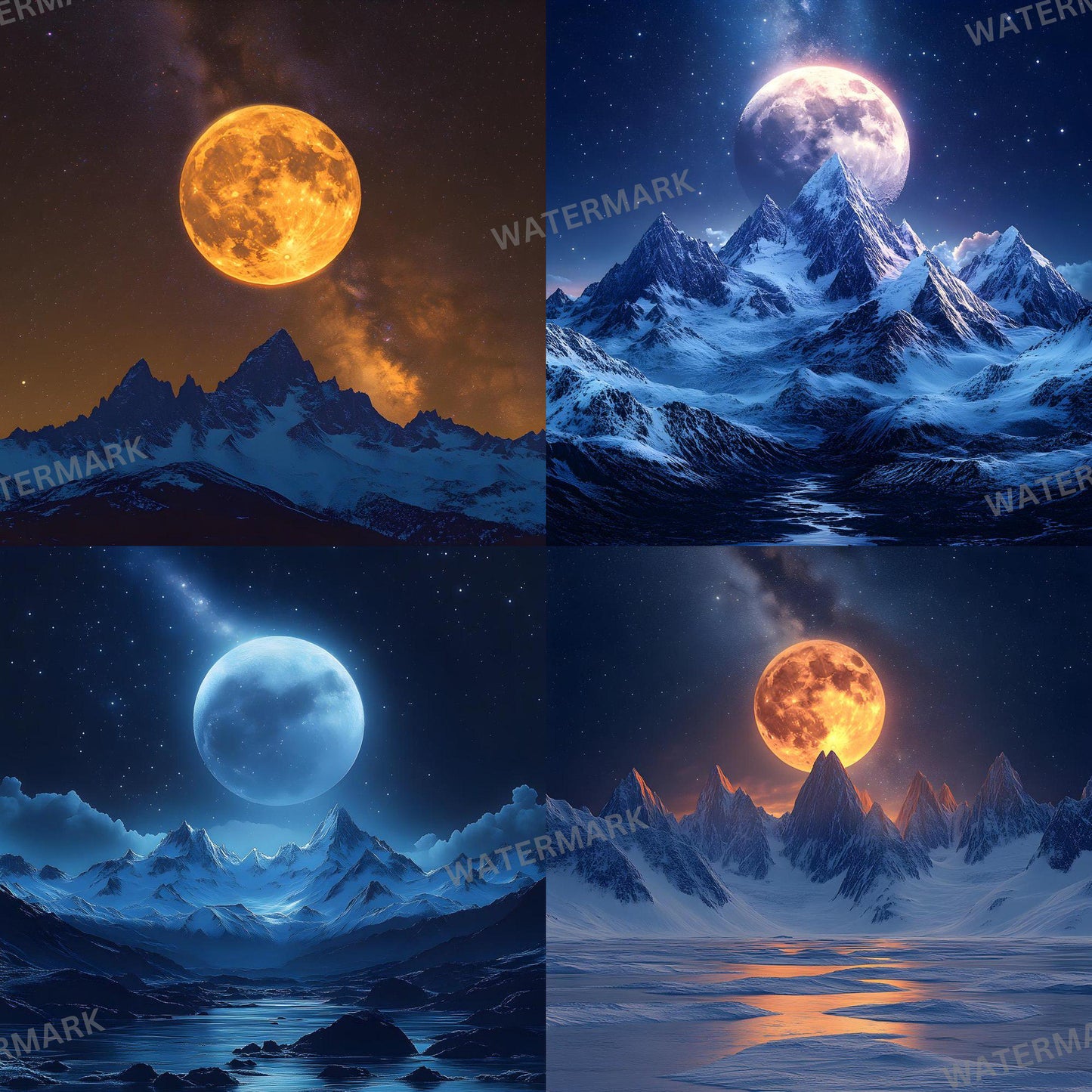 Celestial Moonlit Photography Backdrops - Lunar Landscapes, Starry Peaks, Radiant Moons, Twilight Skies, Nightfall Mountain Backgrounds
