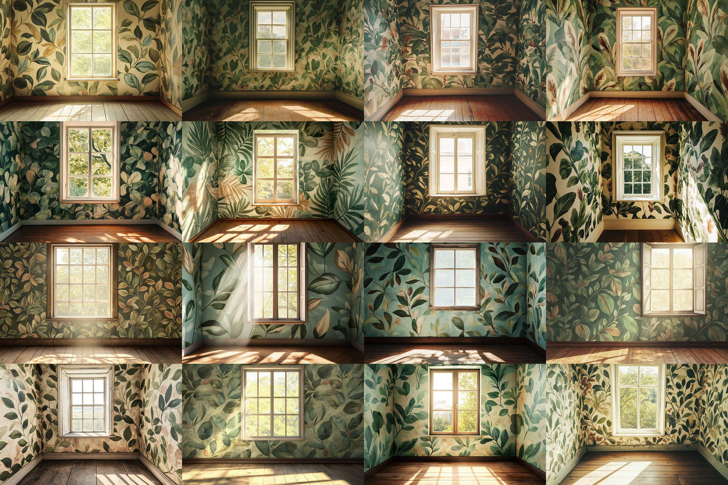 Botanical Window View Backdrops, Digital Forest Room Photography Props, Nature Interior Digital Backgrounds, Vintage Woodland Wallpapers