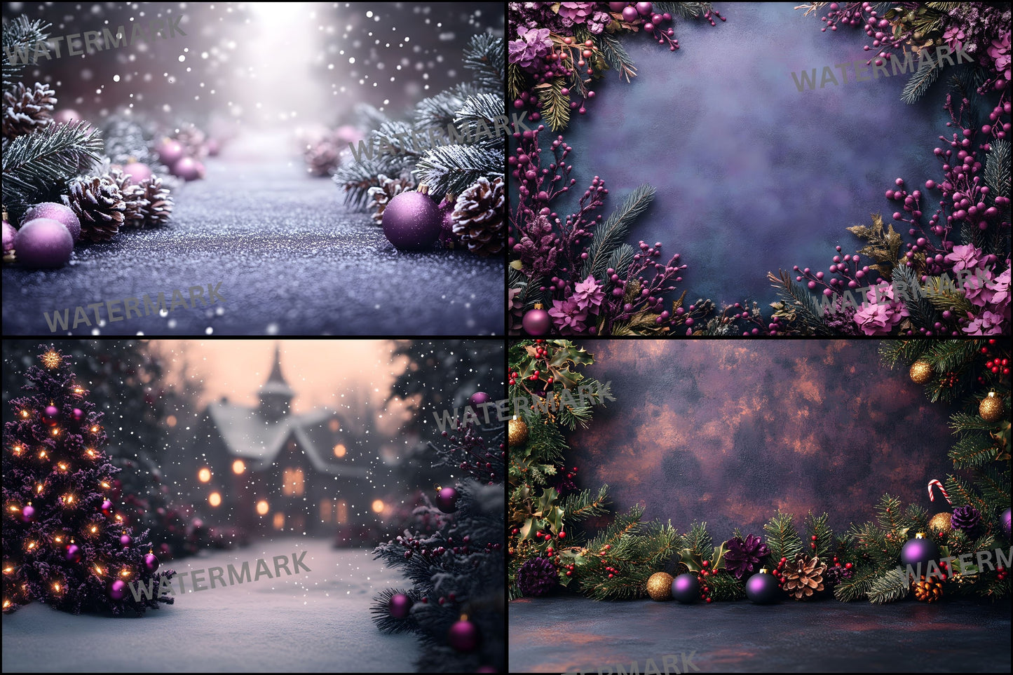 Gothic Purple Christmas Backdrop Set, Festive Holiday Backgrounds, Dark Winter Photography, Digital Photo Overlays, Fantasy Xmas Scenes