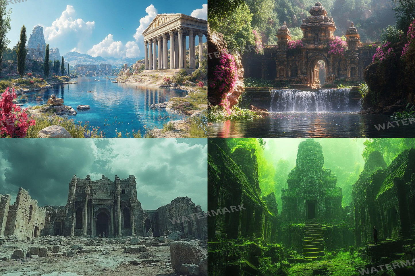 Ancient Ruins digital backdrop, 16:9 ratio. Overgrown ruins with sunlight, streaming and photography backdrops.