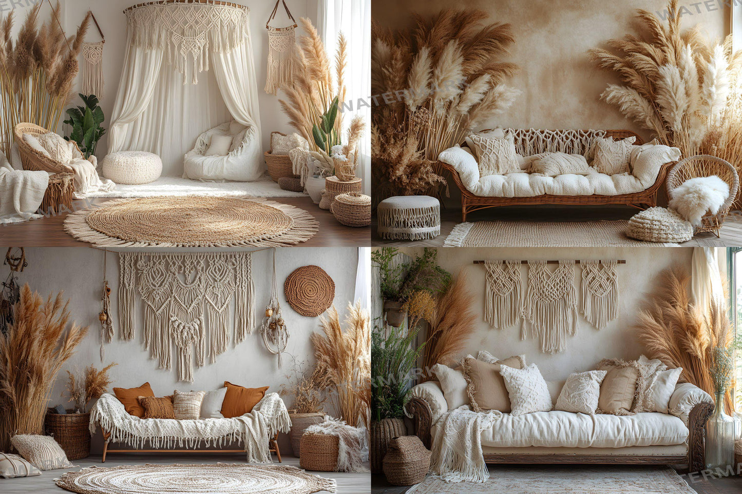 Boho Chic Bliss Backdrops, Cozy Bohemian Interior Digital Background, Light Lifestyle Decor Photo Booth Prop, Modern Plant Lover Scene