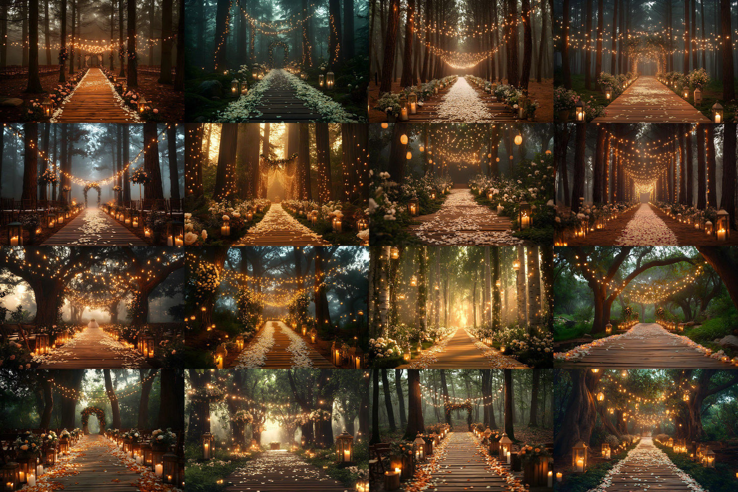 Forest Wedding Backdrops ��������� Rustic Elegance with Fairy Lights and Candlelit Paths - 3:2 Ratio - Wedding Photography - Wedding Backgrounds