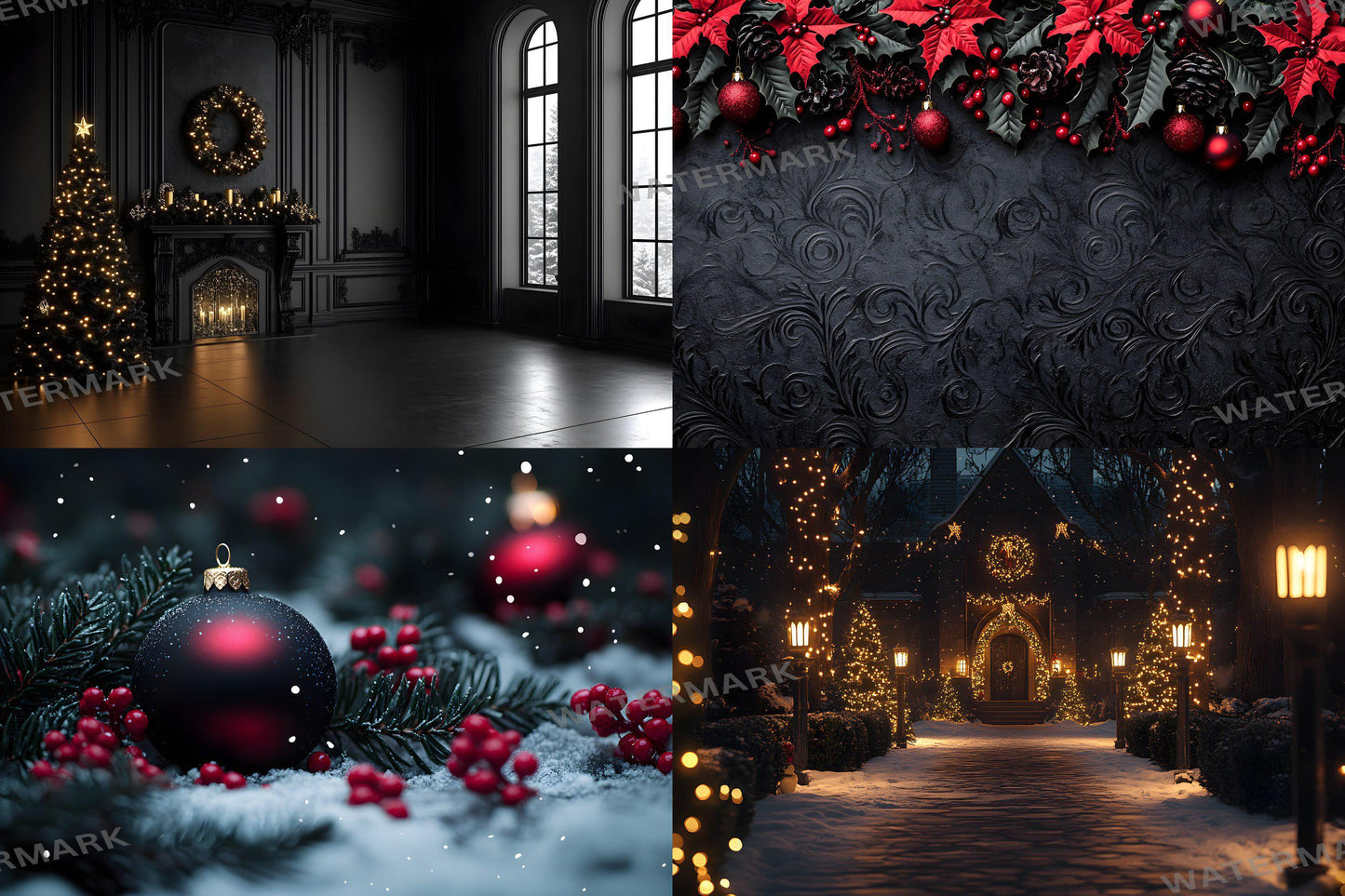 Gothic Christmas Backdrops, Black Christmas Backdrop, Gothic Festive Dark Hue Christmas Photography Backgrounds, Photoshop - 3:2 Ratio