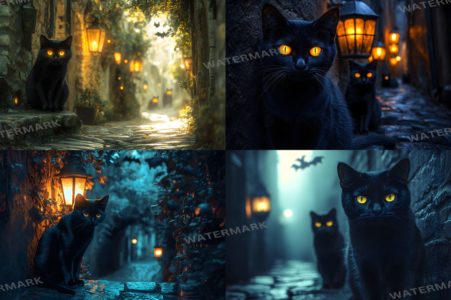 Black Cat Alley Backdrops, Night Urban Moody City Digital Background - Feline, Mysterious Dark Street Scene, Witchcraft - Witch's Cat
