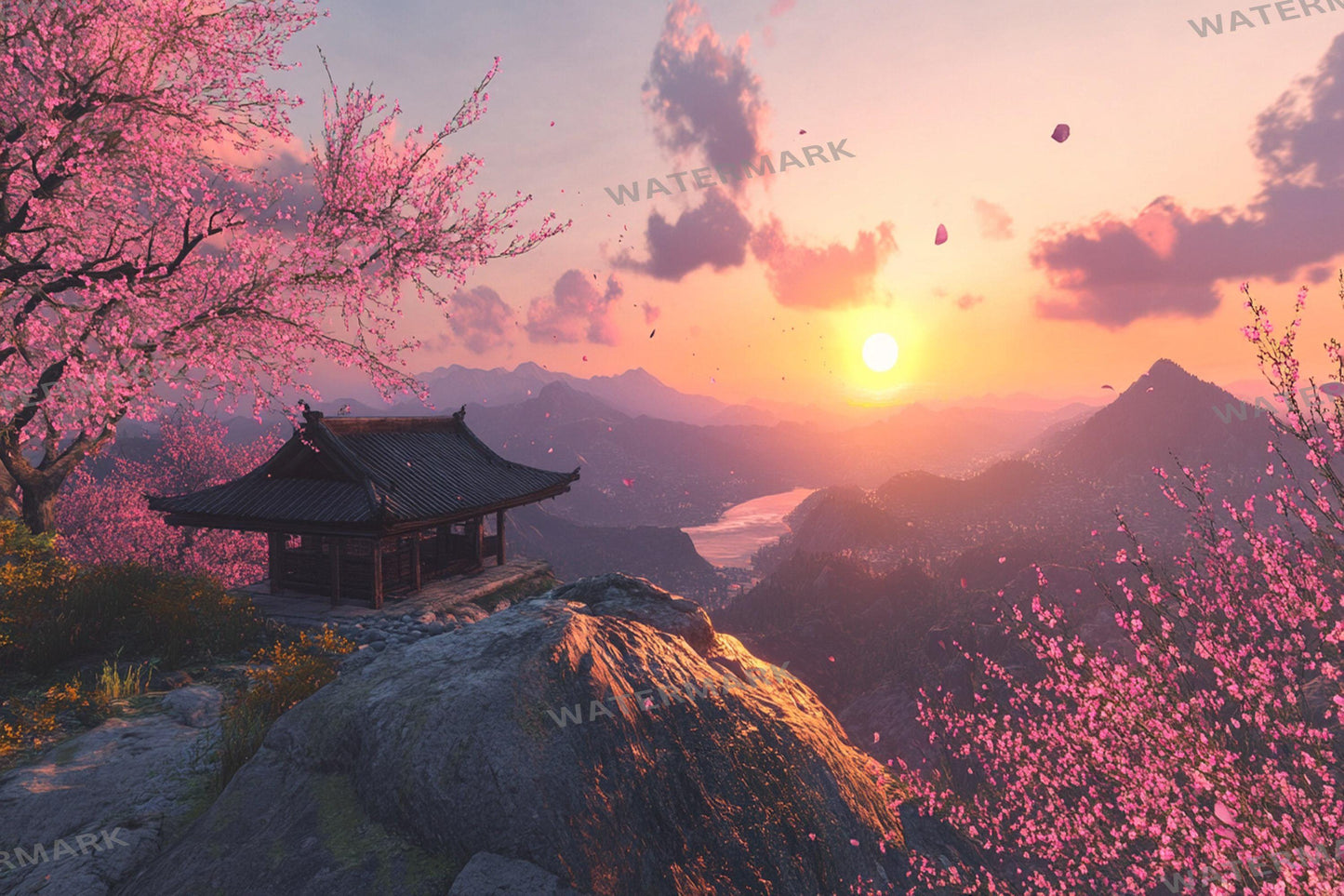 Ancient Dojo digital backdrop, 16:9 ratio. Serene training ground with traditional architecture, perfect for streaming backgrounds