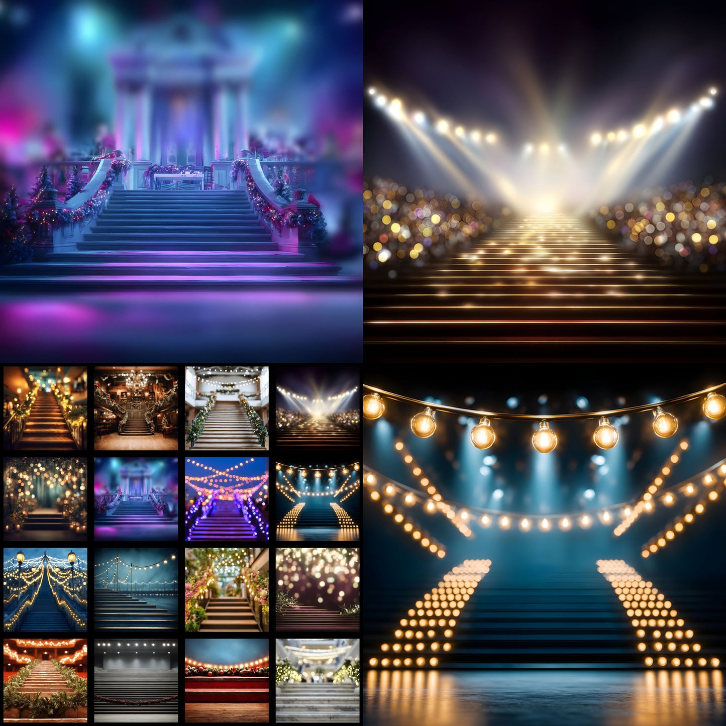 Stage Stairs Lights Garland Digital Backdrop, Photography Background for Performers, Virtual Photo Booth, Concert Photography Prop