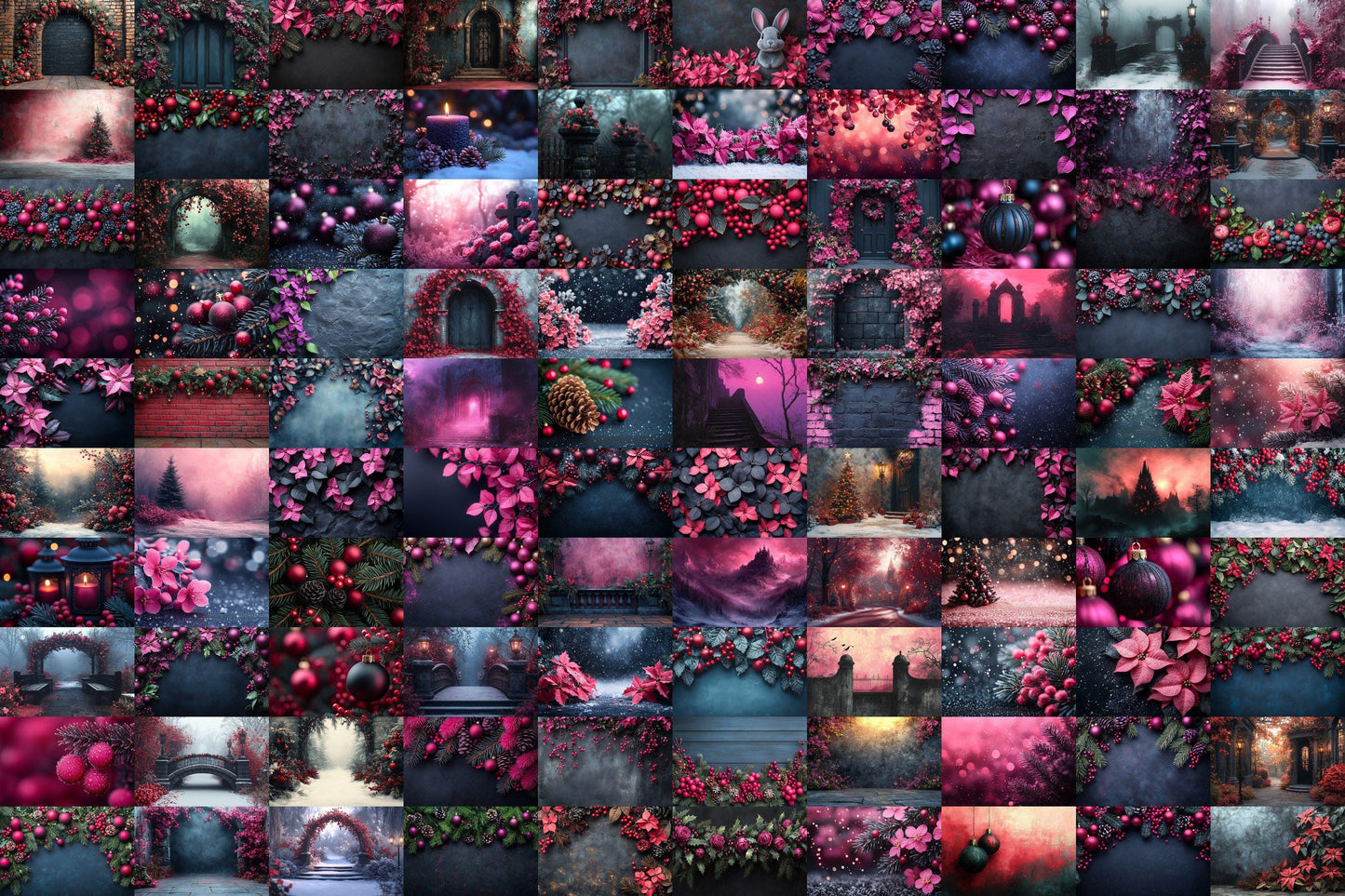 Black & Pink Gothic Christmas Digital Backdrops - Pink and Fuchsia Holiday Photoshop Overlays - Dark Fantasy Backgrounds for Photography