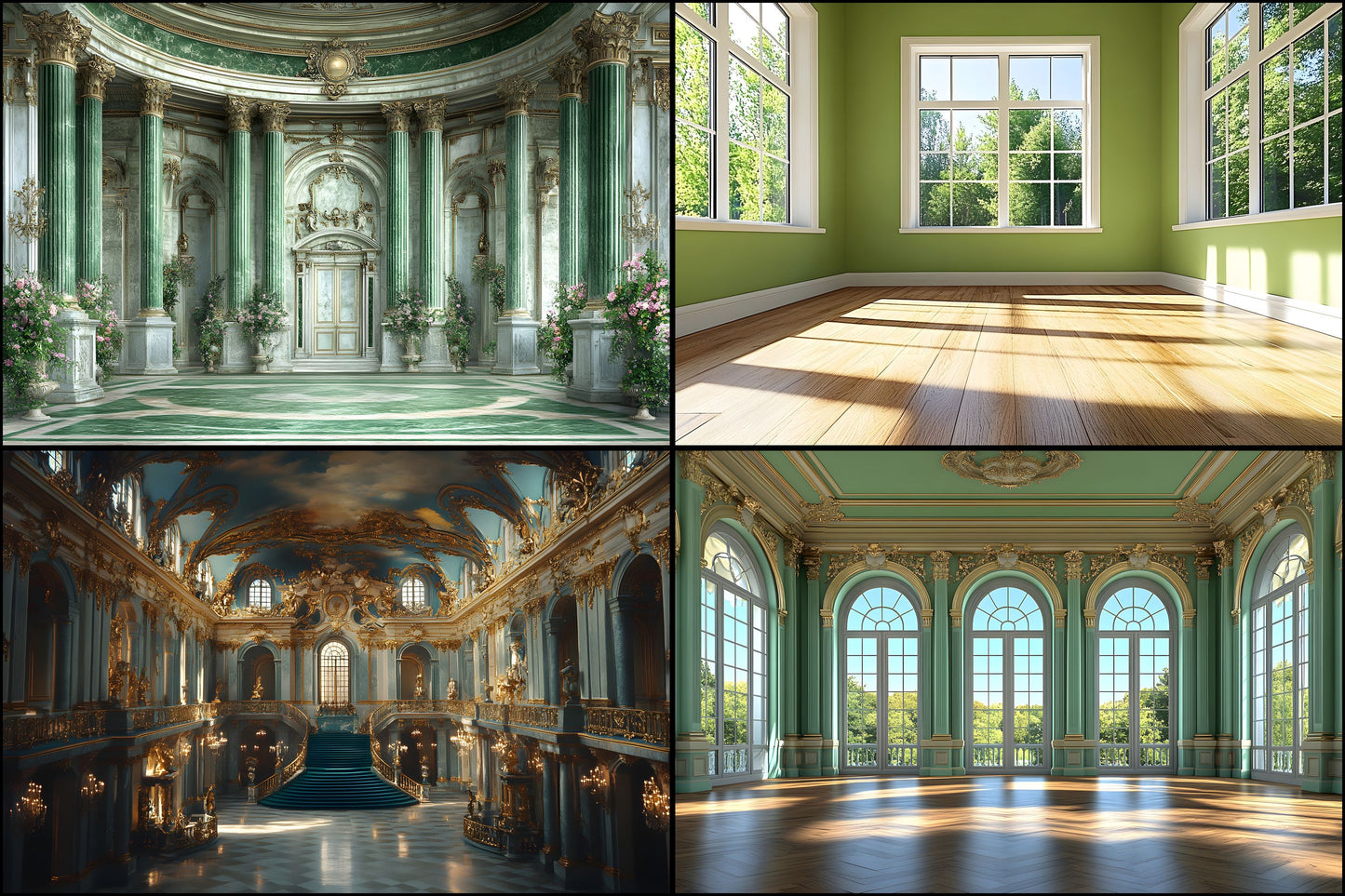 Royal Green Interior Digital Backdrop Set, Elegant Home Photography Backgrounds, for Stunning Visuals, High-Quality Images for Creative Projects