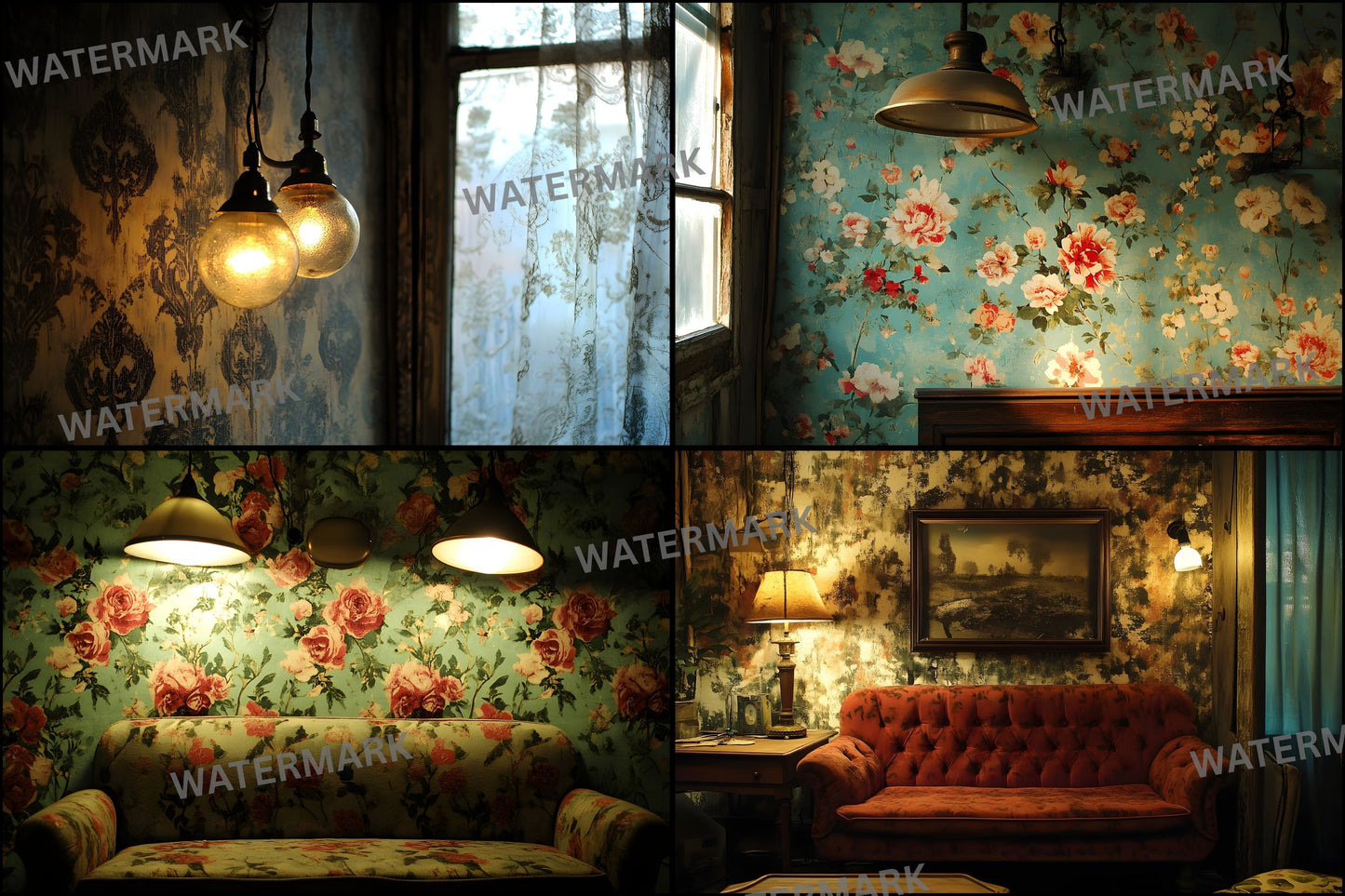 Vintage Wallpaper Room Digital Backdrop, Photography Background, Antique Interior Photo Prop, Elegant Scene Setter