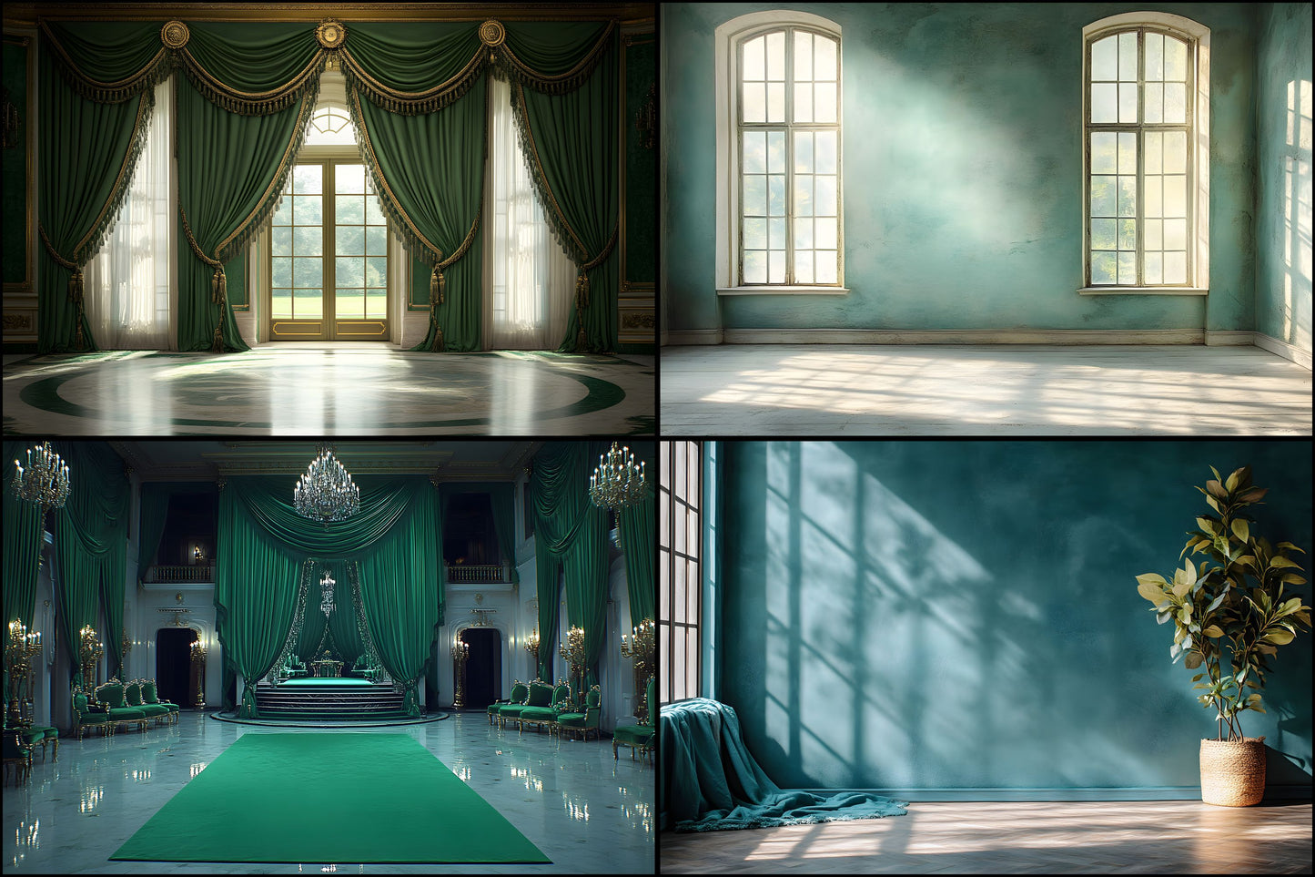 Royal Green Interior Digital Backdrop Set, Elegant Home Photography Backgrounds, for Stunning Visuals, High-Quality Images for Creative Projects