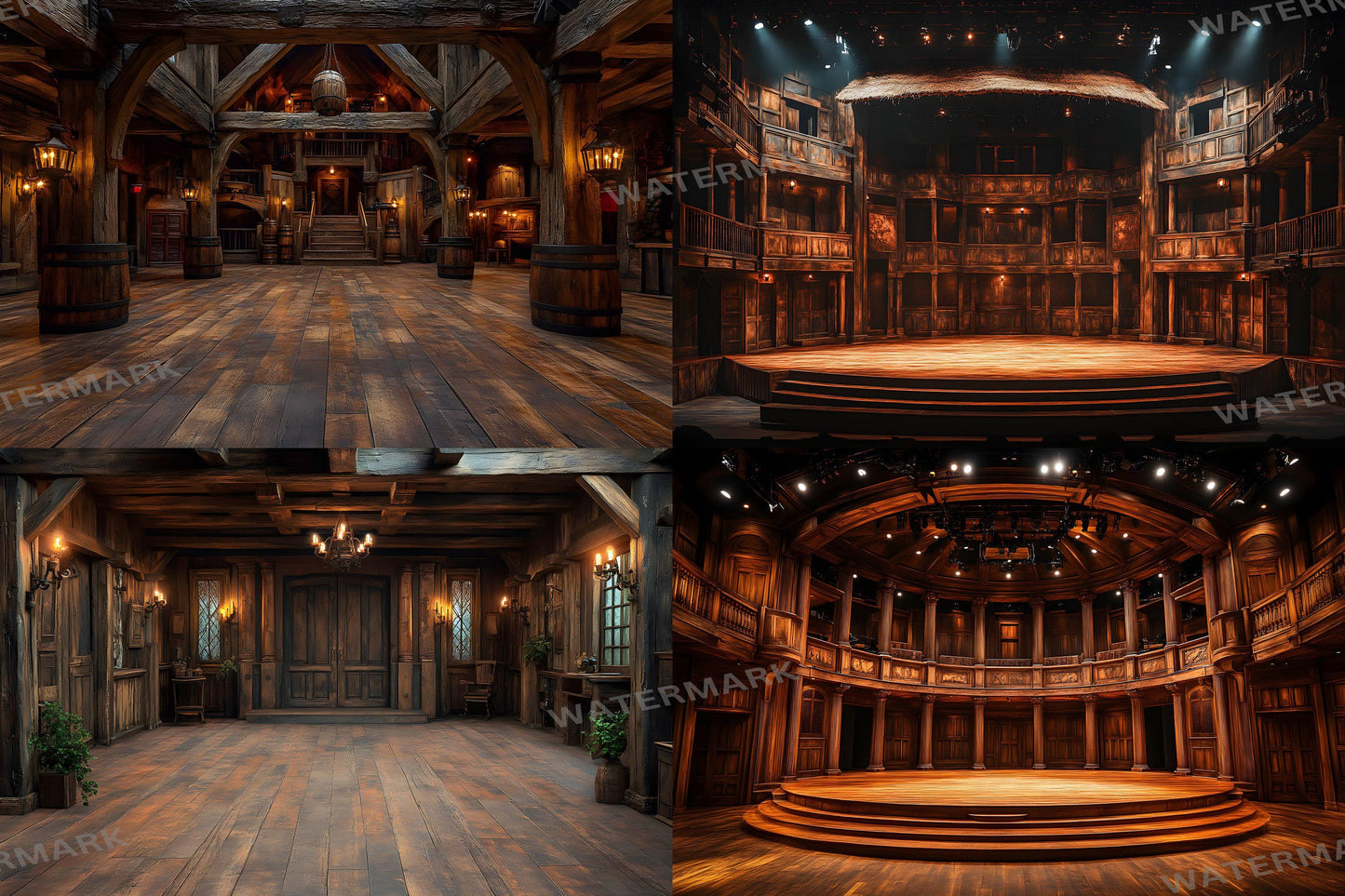 Shakespearean Stage Backdrops - Vintage Theatrical, Dramatic Play Scene, Regal Digital Backgrounds