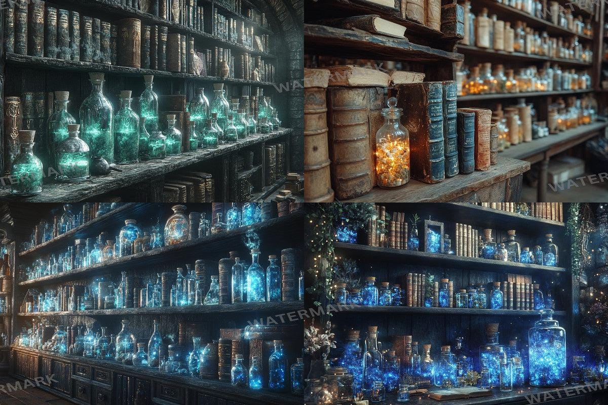 ALCHEMISTS LIBRARY - 4Magical Witchcraft Photography Backdrops in Warm Aesthetic Ideal for Artists Designers