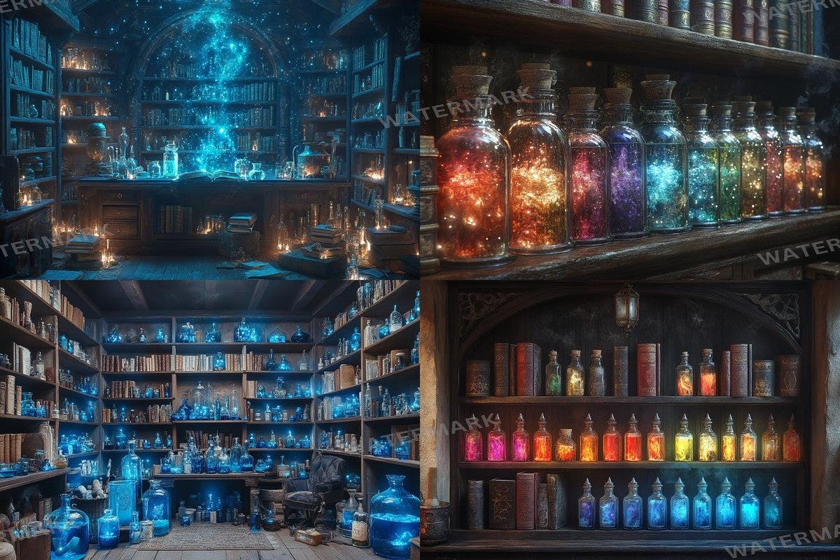 ALCHEMISTS LIBRARY - 4Magical Witchcraft Photography Backdrops in Warm Aesthetic Ideal for Artists Designers