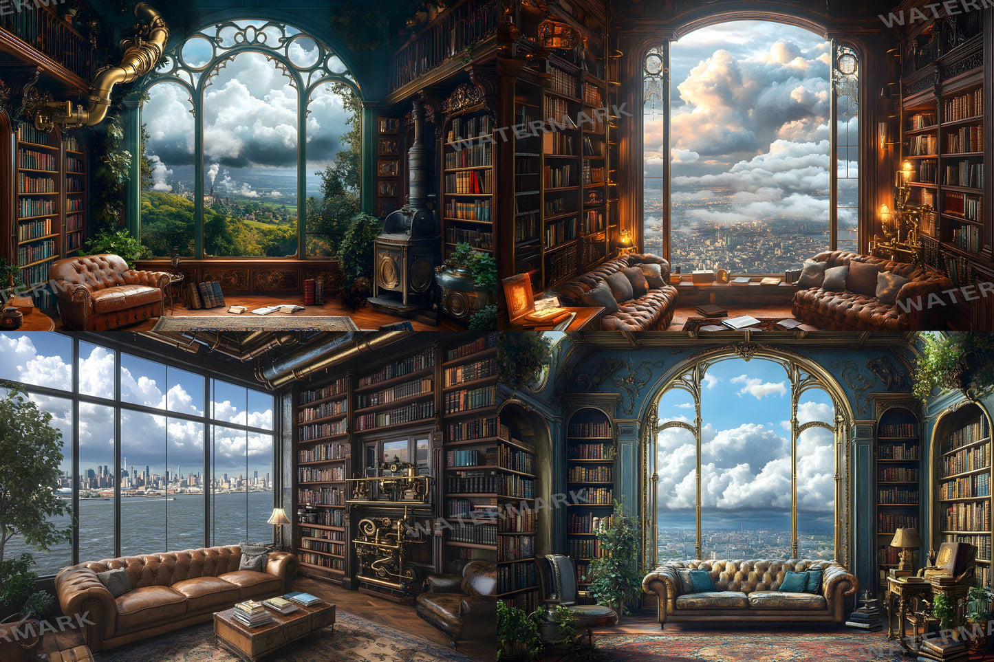 Steampunk Library Charm Backdrops | Vintage Study | Steampunk Bookshelves | Gothic Reading Nook | Digital Backgrounds