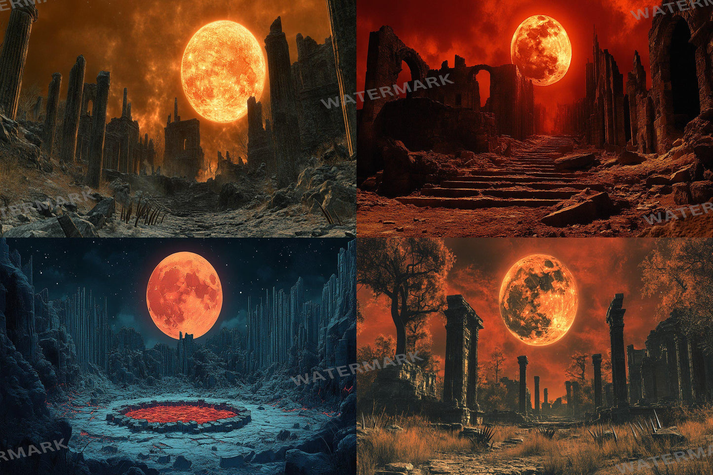 Blood Orange Moon streaming background, 16:9 ratio. Dark sky with a fiery orange moon, perfect for TV wallpaper or digital backdrops