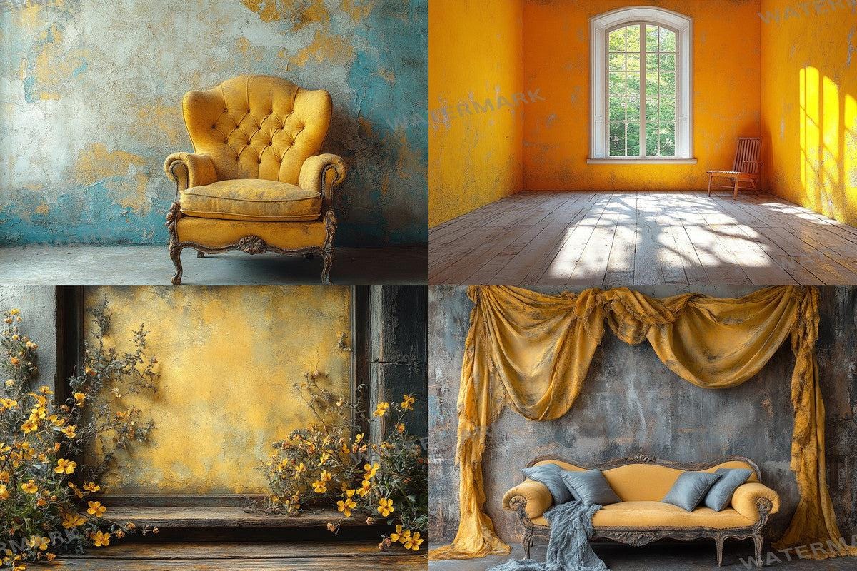 Yellow Vintage Room Backdrops - Warm Aesthetic PNGs for Digital Art Photography Design - 00x00px 32 Ratio