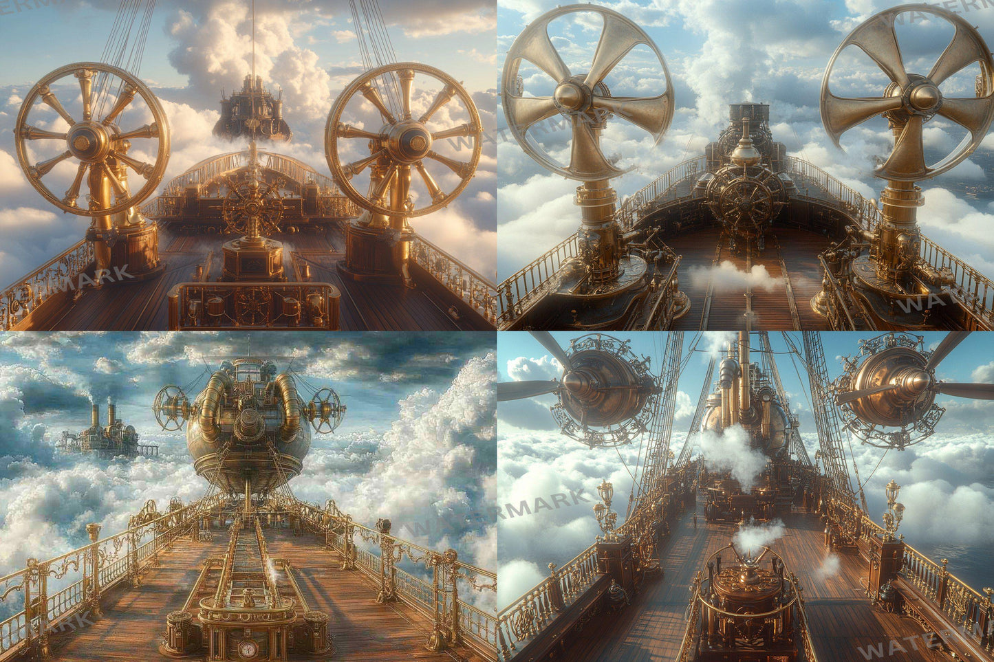 Airship Deck Digital Backdrops - Steampunk Sky Junk Journal & Scrapbook Papers - Fantasy Airship Backgrounds - Photo Overlays - Steampunk