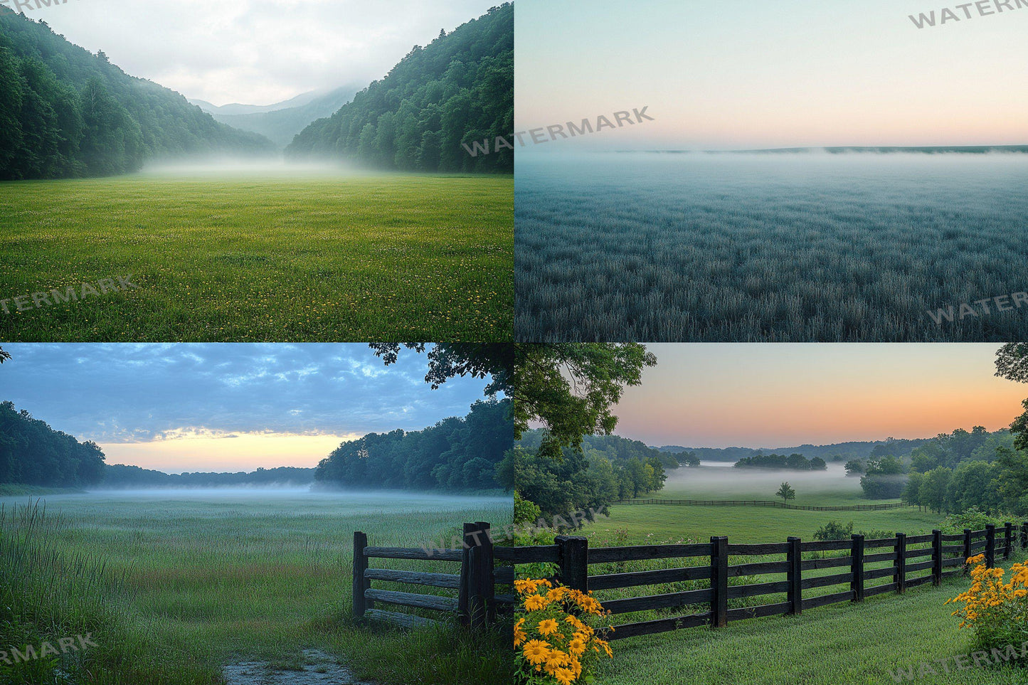 Misty Morning Fields Backdrops, Serene Countryside Digital Backgrounds, Sunrise Nature Photography Props, Rural Landscape Composites